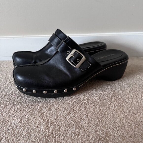 Predictions Shoes - Predictions | Black Studded Silver Buckle Clogs - Size 10